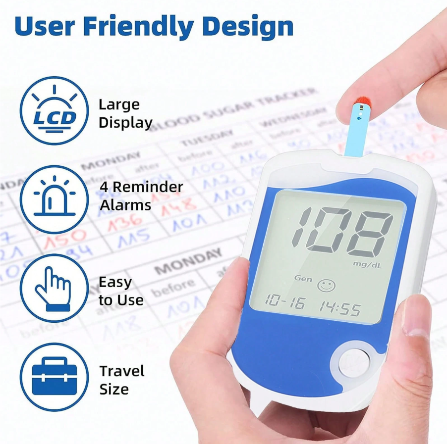 Blood Glucose Monitor Kit with Large Display – 50 Test Strips